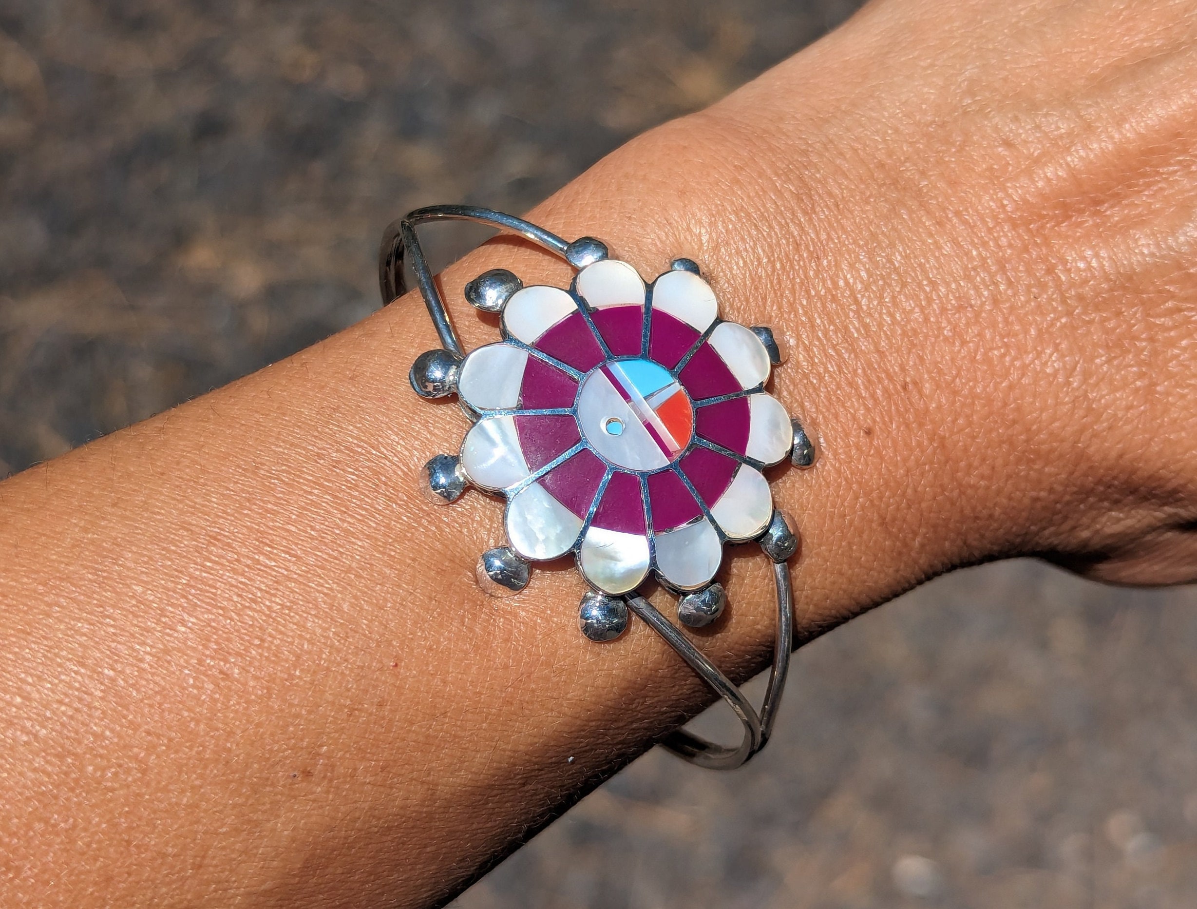 Zuni Sun Face Inlay Cuff Bracelet: Sterling Silver Native American