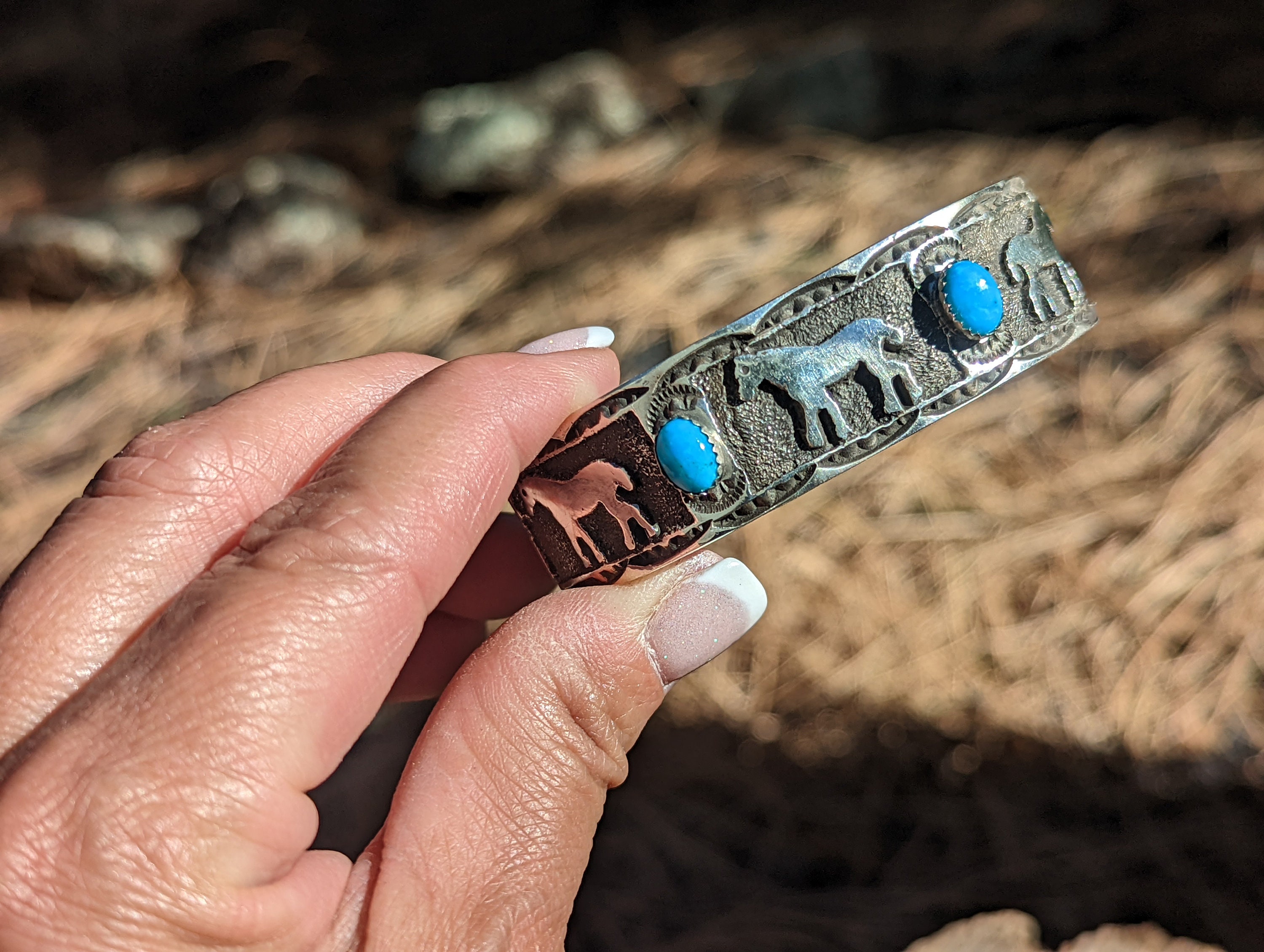 Navajo Cuff Bracelet Horses Kingman Turquoise Sz 7.25in