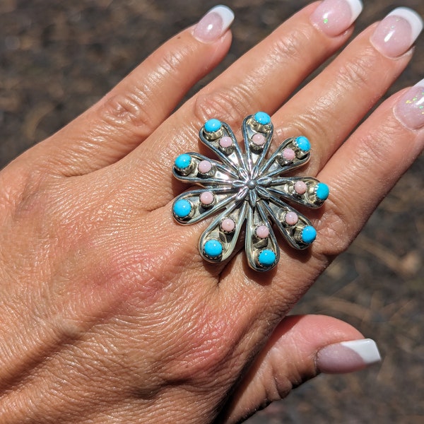 Vintage Navajo Sterling Silver Native American Ring –  Floral Handmade Rose Quartz & Sleeping Beauty Turquoise Jewelry Sz 8.5US