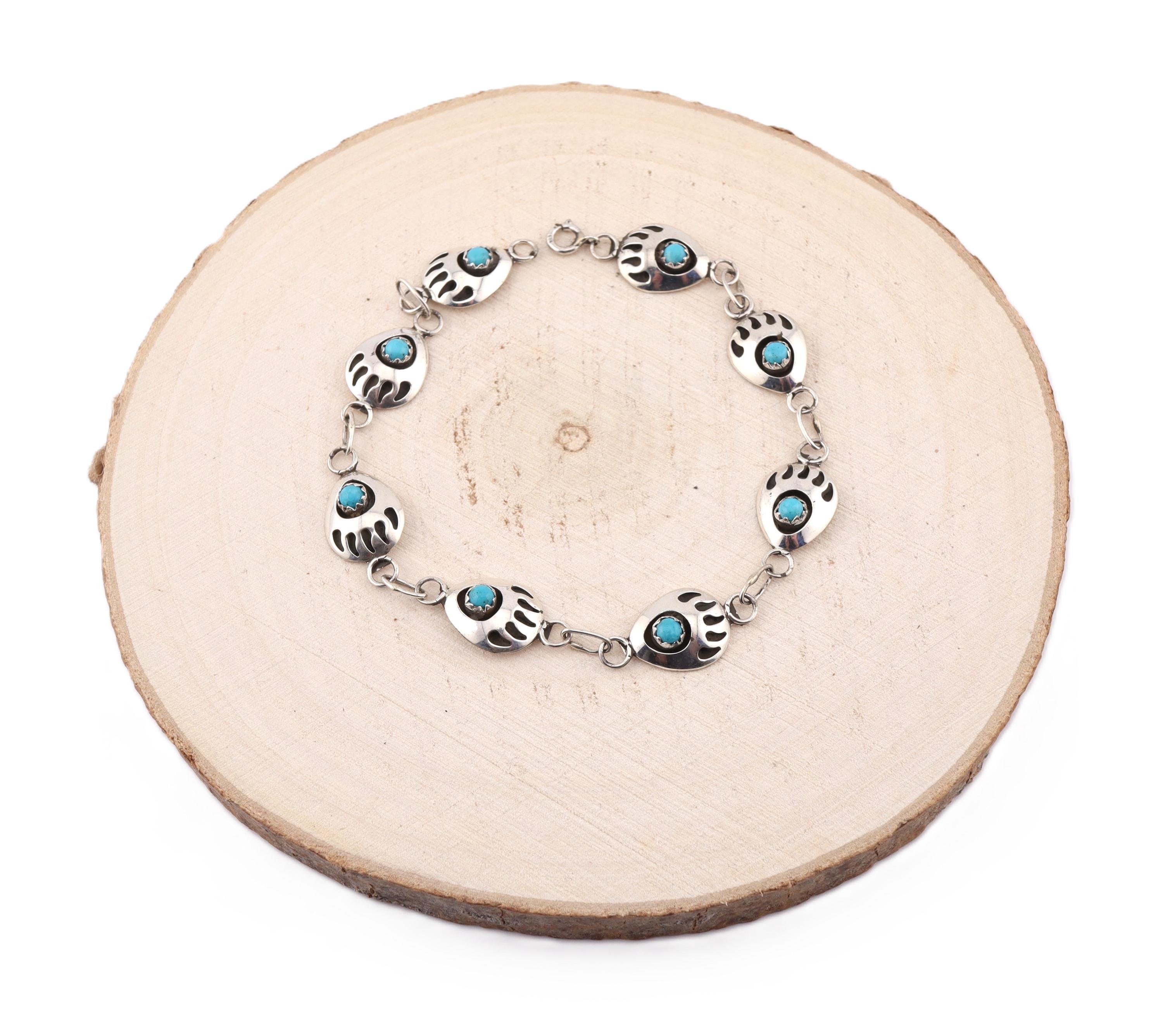 ブレスレット Mini Navajo Bear Bracelet #7965 Navajo Mini Bear Paw Link Bracelet Turquoise Stone Handmade