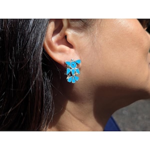 Handmade Zuni Turquoise Thunderbird Inlay Stud Earrings Sterling Silver Jewelry*