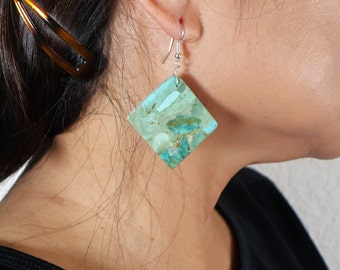 Handcrafted Navajo Diamond Square Compressed Stabilized Turquoise Slab Dangle Earrings Native American Jewelry