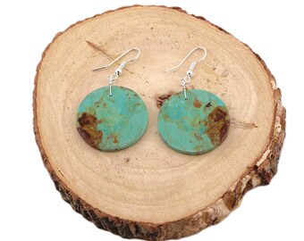 Exquisite Beauty: Round Compressed Stabilized Turquoise Slab Dangle Earrings Handcrafted Native American Jewelry
