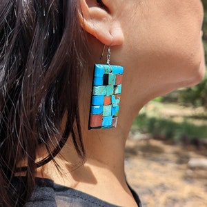 Handmade Santo Domingo Pueblo Dangle Earrings - Turquoise & Coral Mosaic Jewelry by Robert Rosetta