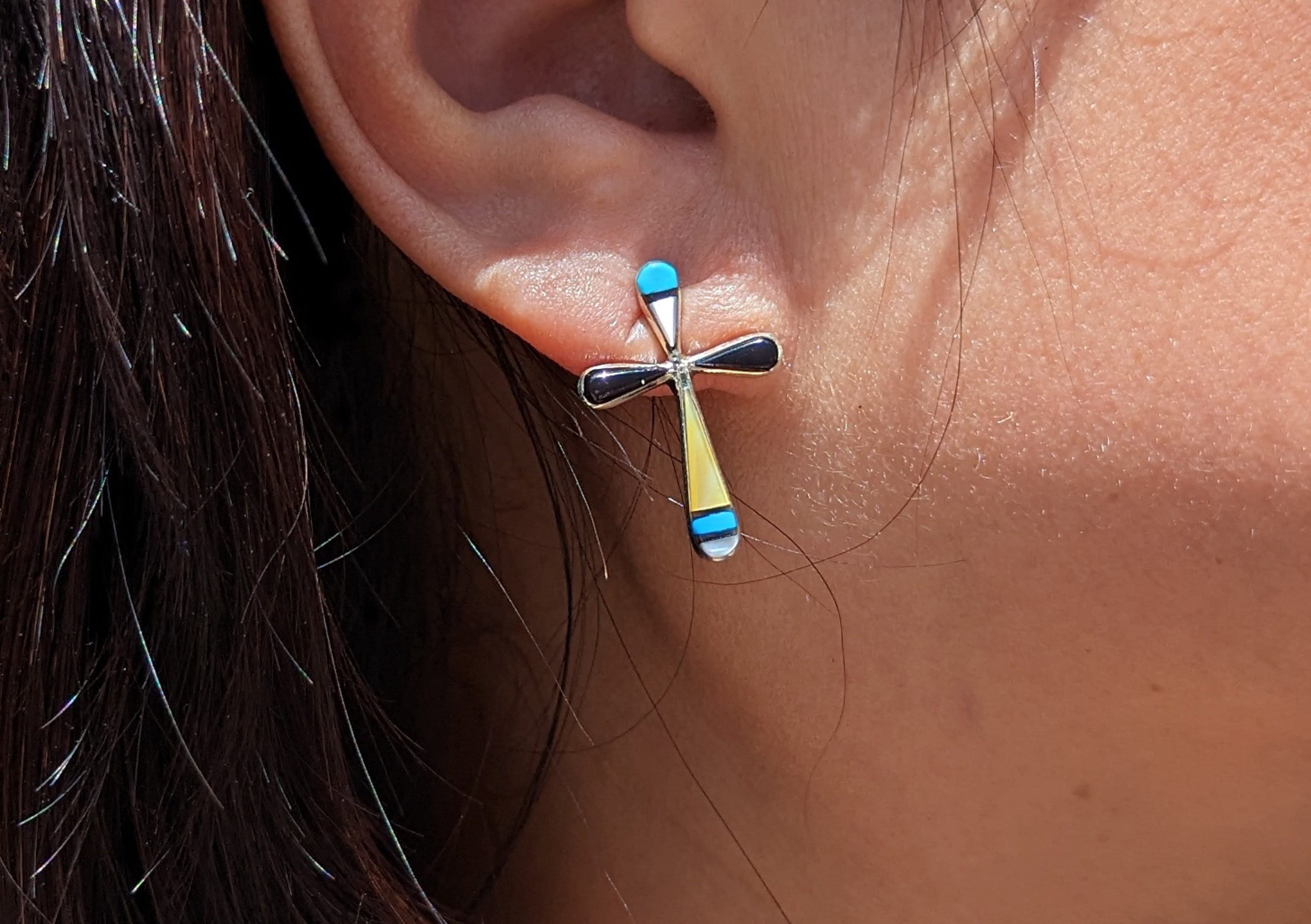 Native American Zuni Women's Earring Cross Inlay Handmade