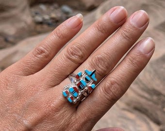 ズニ族のカチナ象嵌リング スターリングシルバー マルチストーン サイン入りジュエリー サイズ9.5US