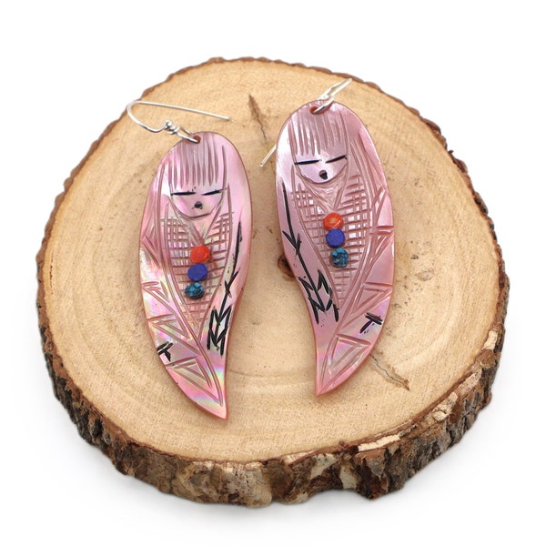 Authentic Zuni Corn Maiden Pink Shell Kachina Dangle Earrings - Handcrafted Southwest Jewelry