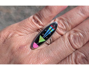 Zuni Turquoise Inlay Ring: Handmade Sterling Silver Diamond  display picture 1