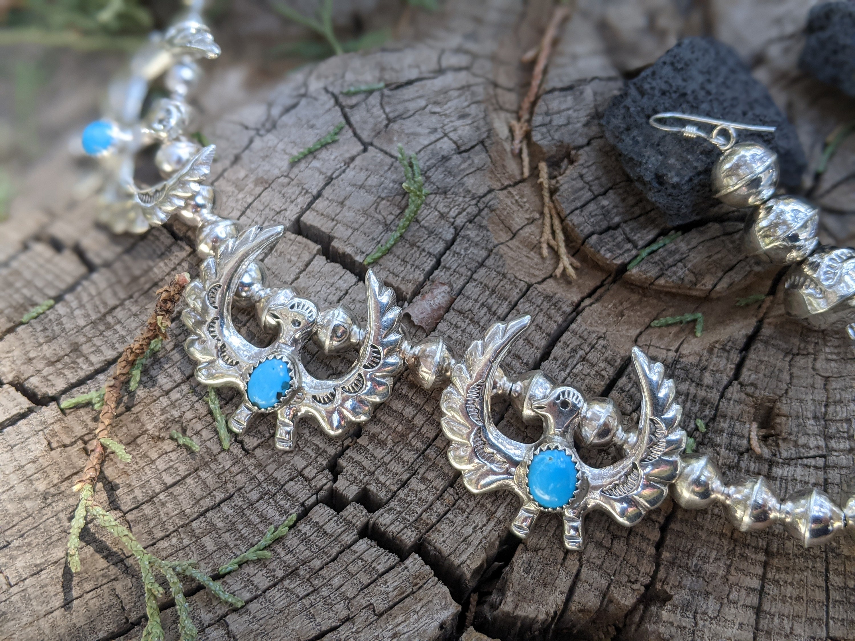 Vintage Navajo Sterling Silver Turquoise Necklace Earring Set