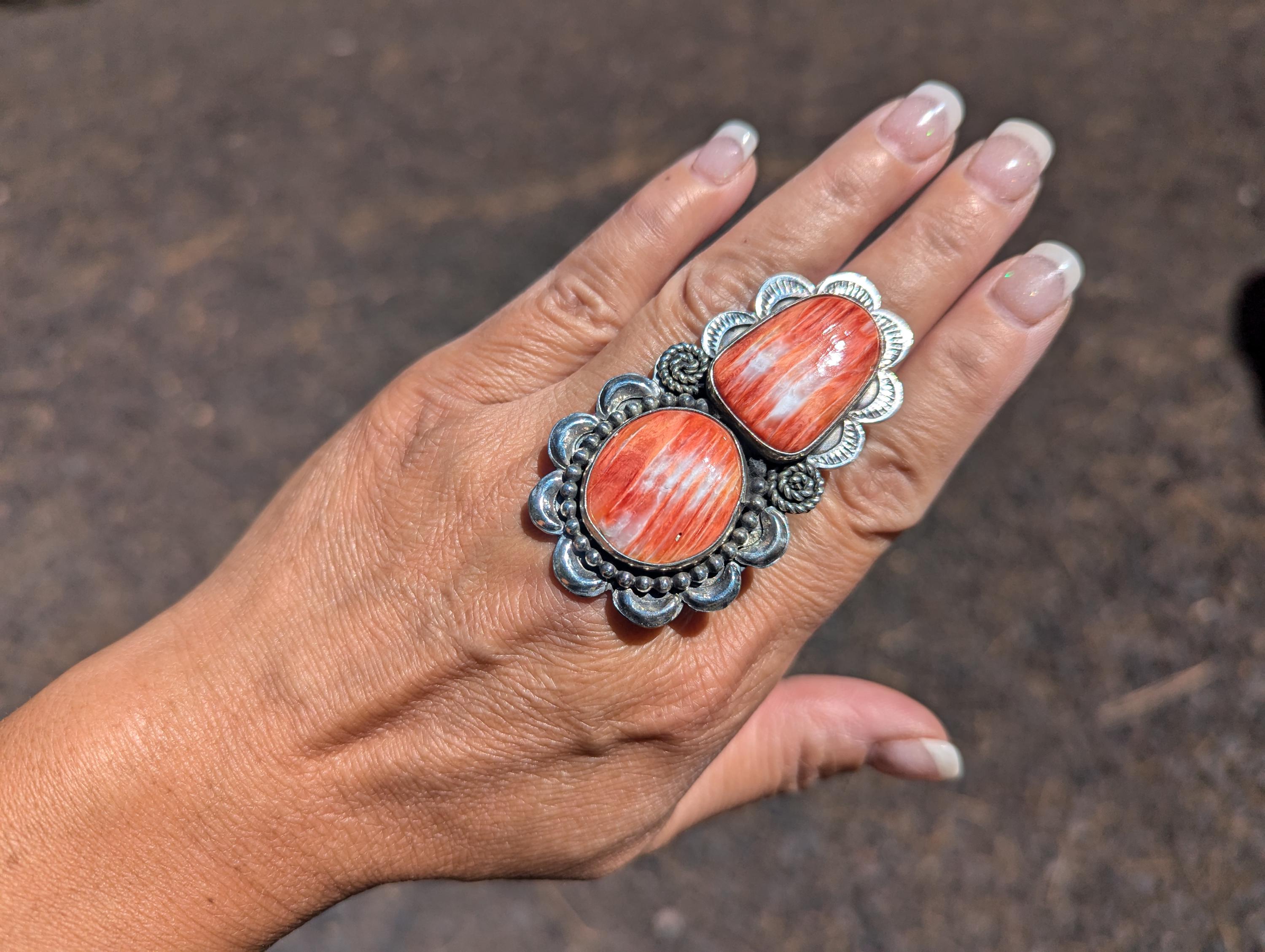 Navajo Ring Spiny Oyster Two Stones Native American