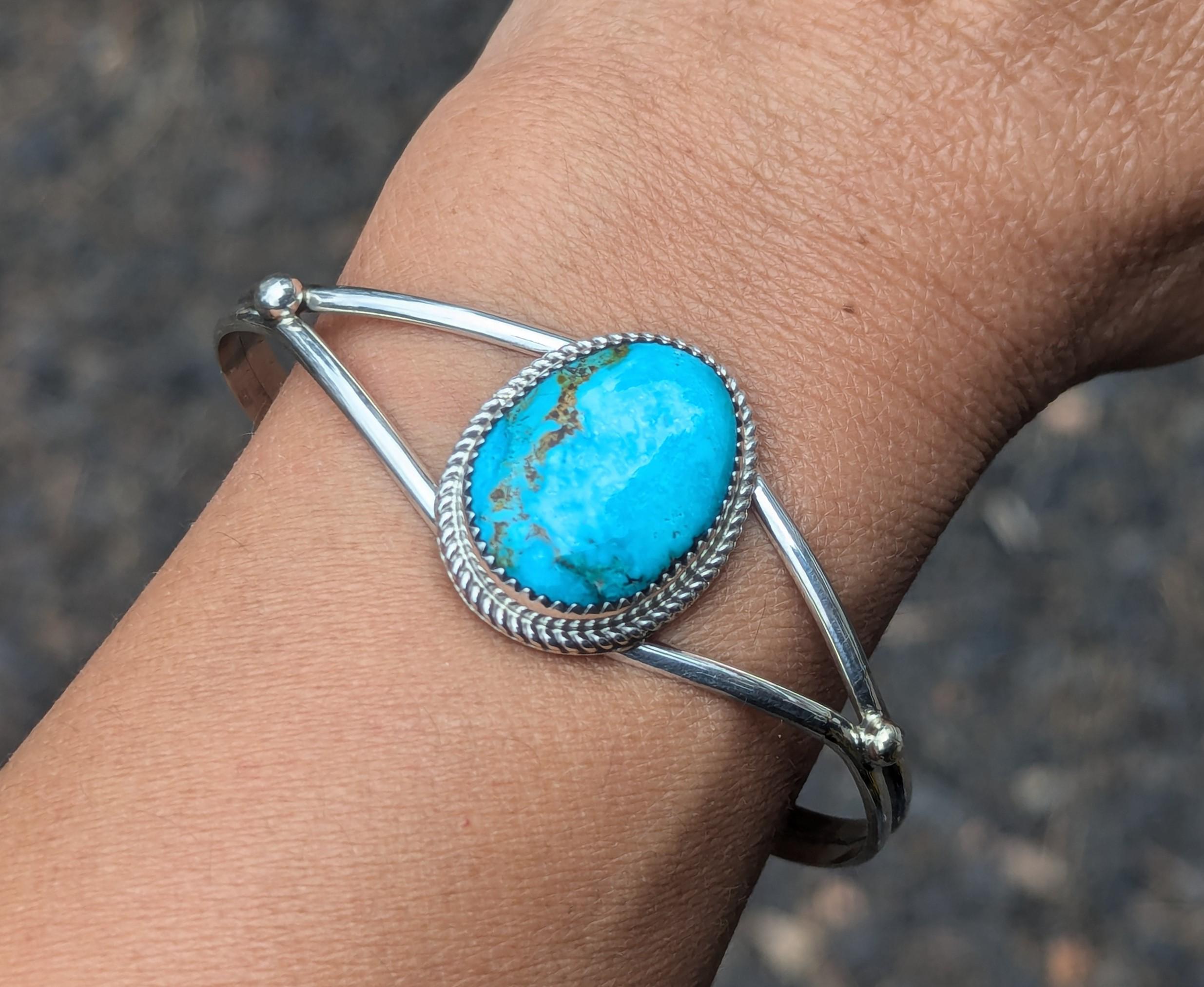 Navajo Bracelet Handmade Native American Carico Lake Turquoise Cuff Bracelet Sterling Silver Signed Statement Jewelry size 6.75