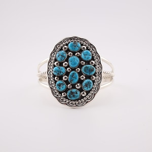 Authentic Navajo Kingman Turquoise Cuff Bracelet - Sterling Silver Jewelry Handcrafted by Chester Charley Sz 6.5in.