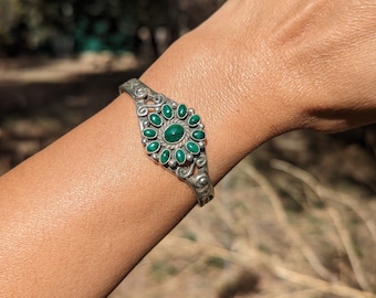 Navajo Cuff Bracelet Floral Cluster Malachite Stones Sterling Silver Sz 6.5in Signed Lee Charley Handmade Jewelry