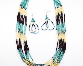 Authentic Native American Multicolor Glass Beads Necklace & Earrings Set – Handcrafted Navajo Jewelry