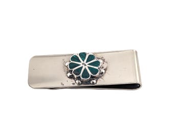 Geldscheinklammer aus Sterlingsilber mit Malachit-Inlay - Handgefertigtes Blumenmuster aus dem Südwesten der USA für Männer & Frauen