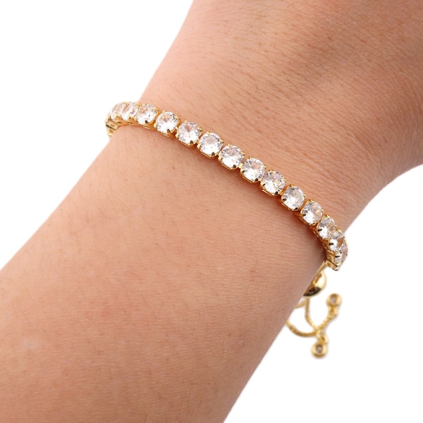 Radiant Sophistication: Women's 14k Gold-Plated CZ Bolo Style Adjustable Tennis Bracelet