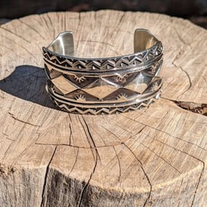 Navajo Bracelet Overlay Tribal Extra Heavy Sterling Silver Cuff, Signed Sz 7.5in