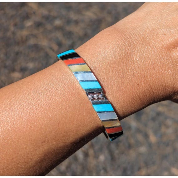 Zuni Diagonal Multi-stone Inlay Thin Cuff Bracelet Rosettes