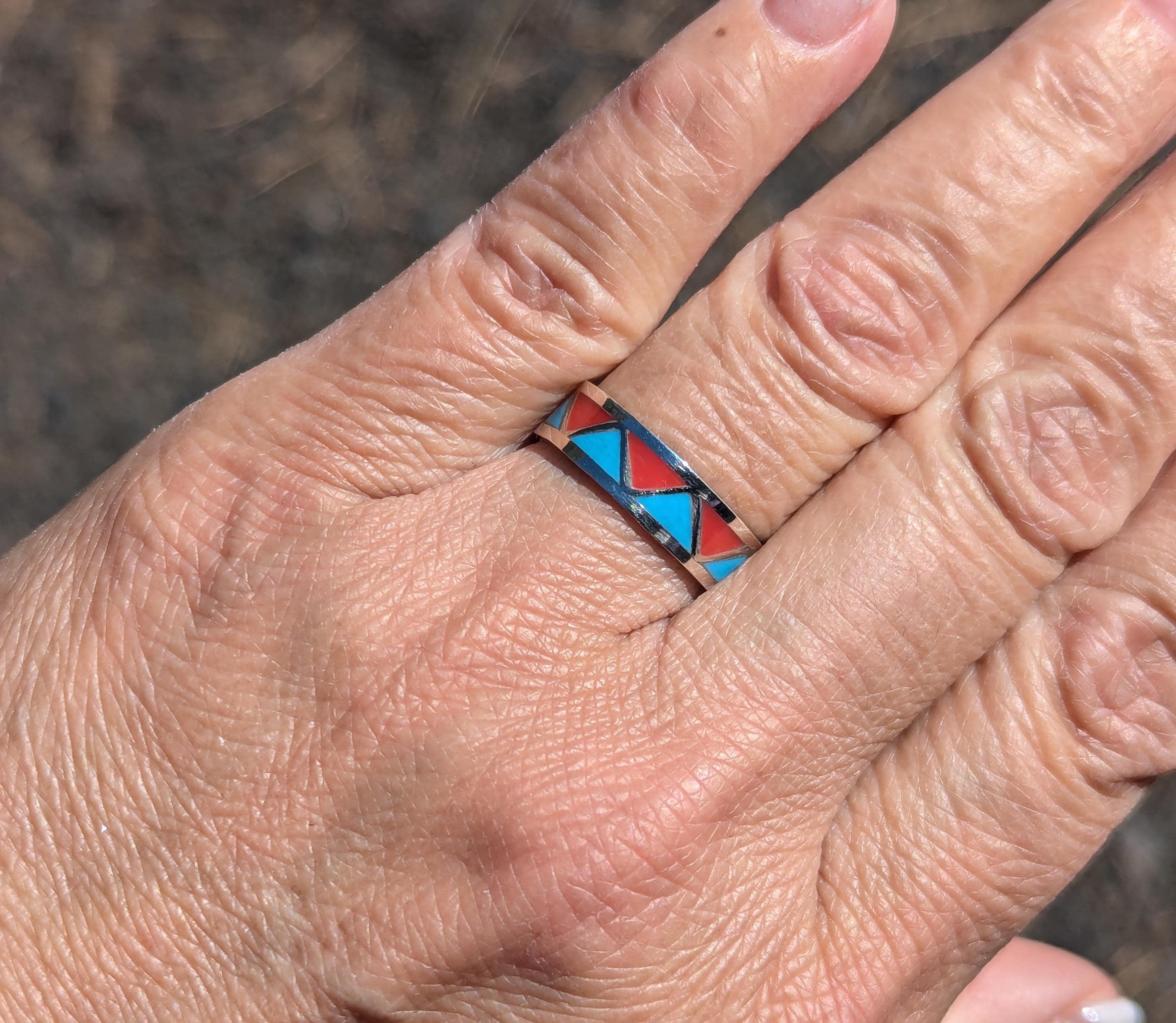 Navajo Ring Sterling Silver All Around Turquoise & Coral Inlay