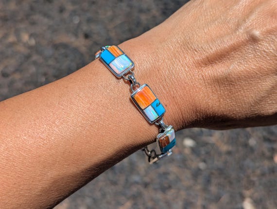 Navajo Multi Stone Link Bracelet: Sterling Silver Southwest
