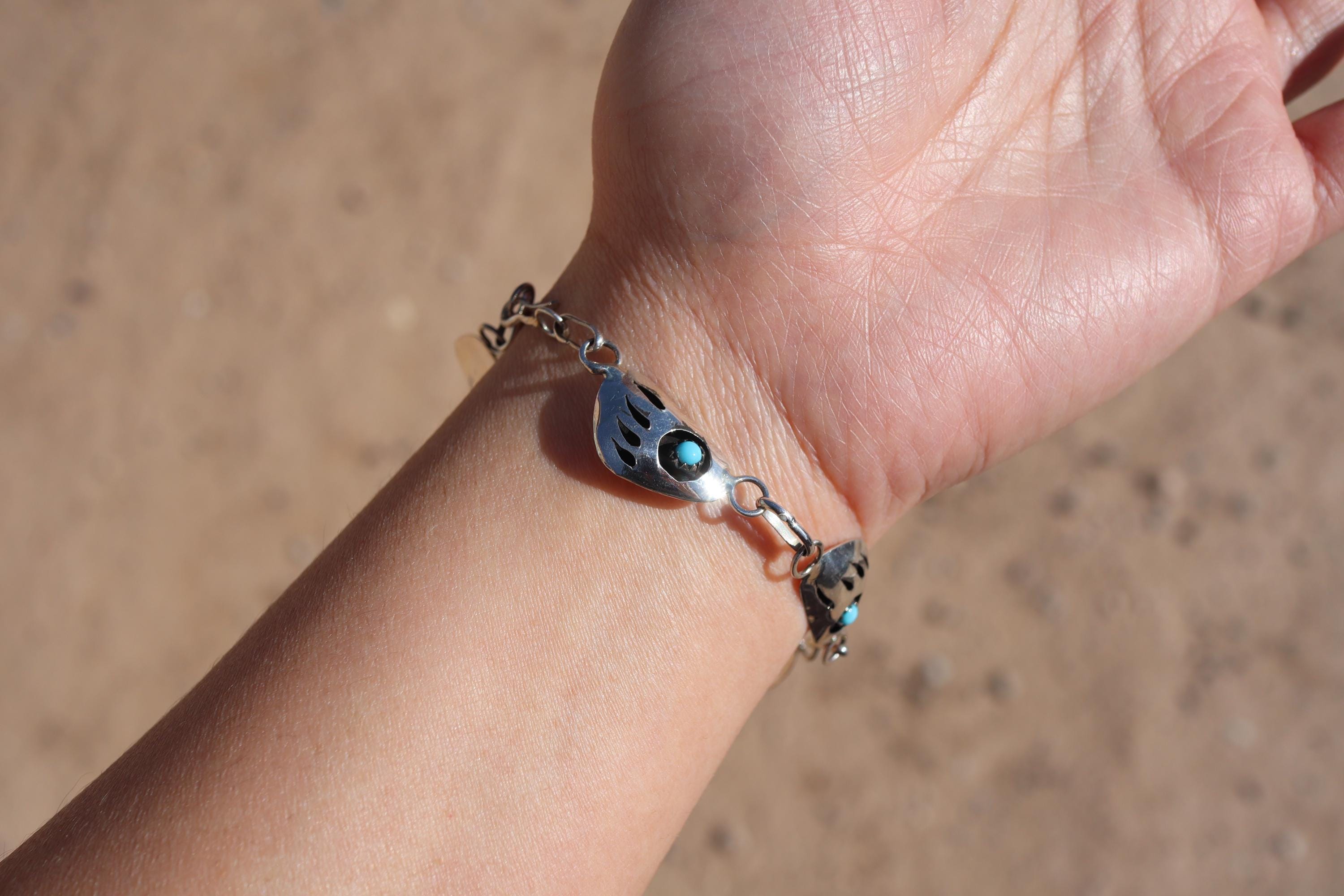 Navajo Sterling Silver Link Bracelet Shadow Box Turquoise