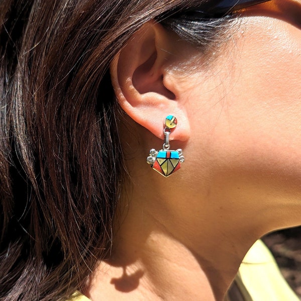 Authentic Zuni Sterling Silver Multi Stones Dangle Earrings Native American Jewelry