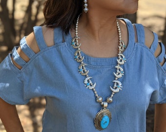 Vintage Navajo Sterling Silver Turquoise Necklace Earring Set, Signed Leonard Maloney, Ray Tafoya