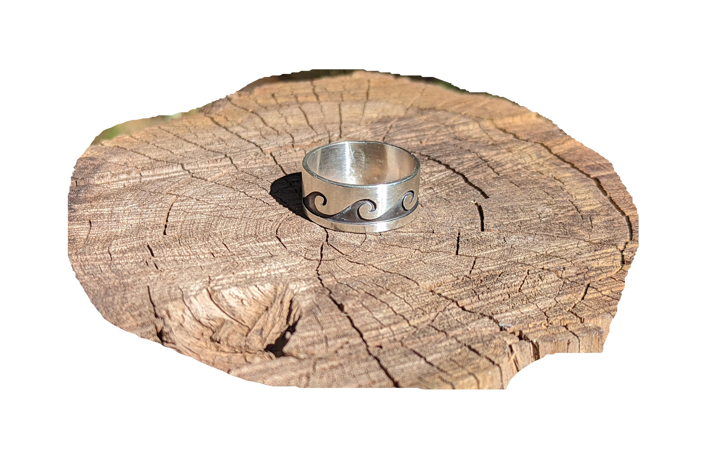 Navajo Ring, Waves Symbol Silver Overlay, Signed Lester Gene