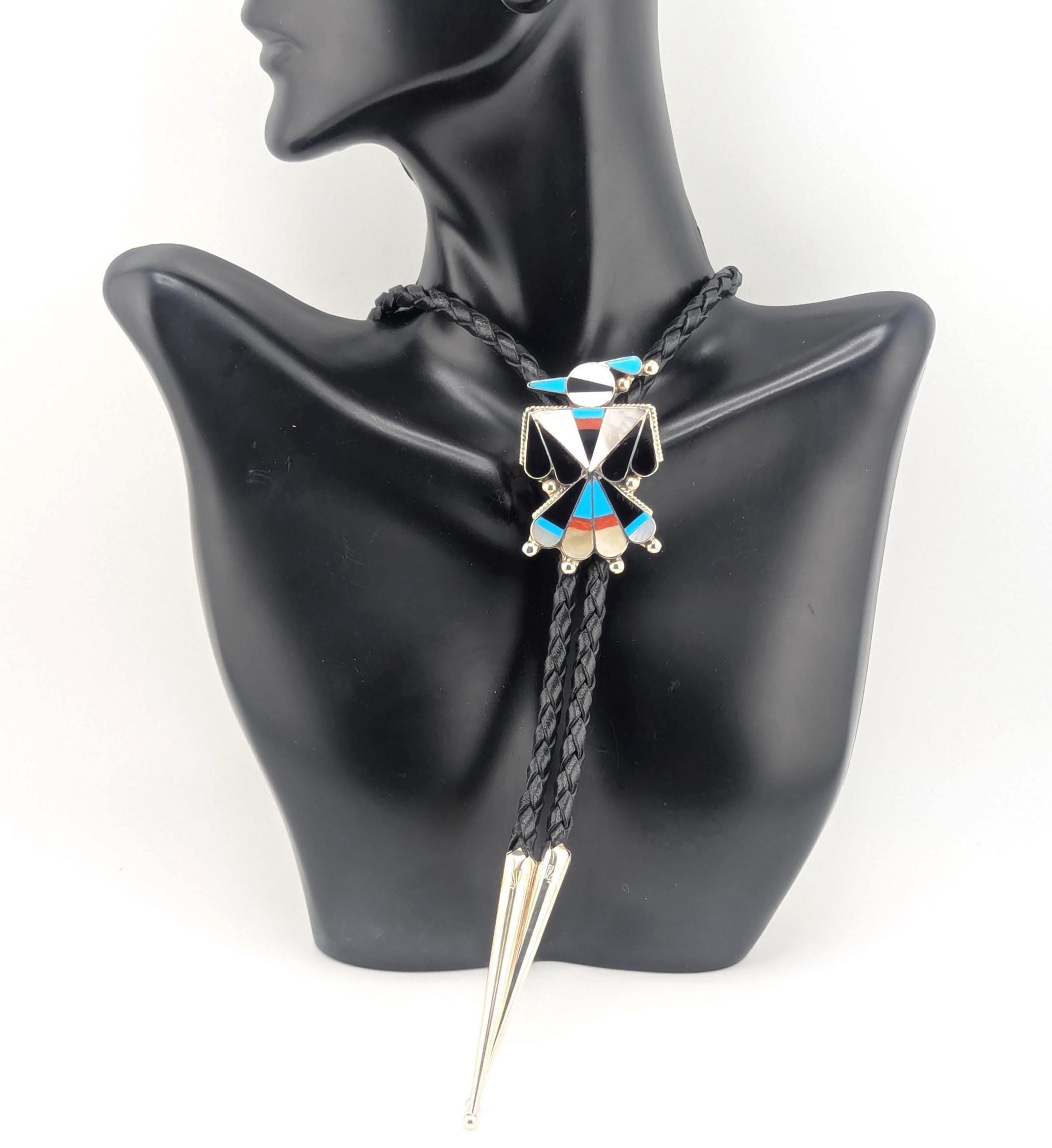 Native American Bolo Tie Zuni Thunderbird Inlay Handmade Leather 