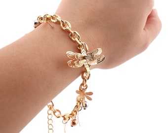 Women's 14k Gold-Plated Dragonfly and Charms Chain Adjustable Bracelet - Nature-inspired Elegance!