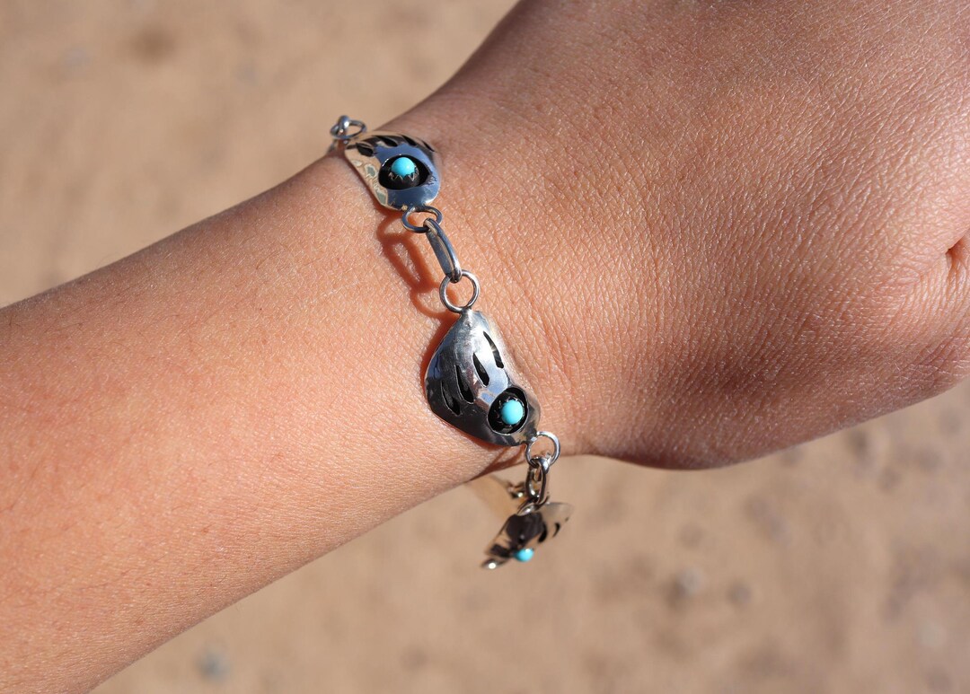 Navajo Sterling Silver Link Bracelet Shadow Box Turquoise
