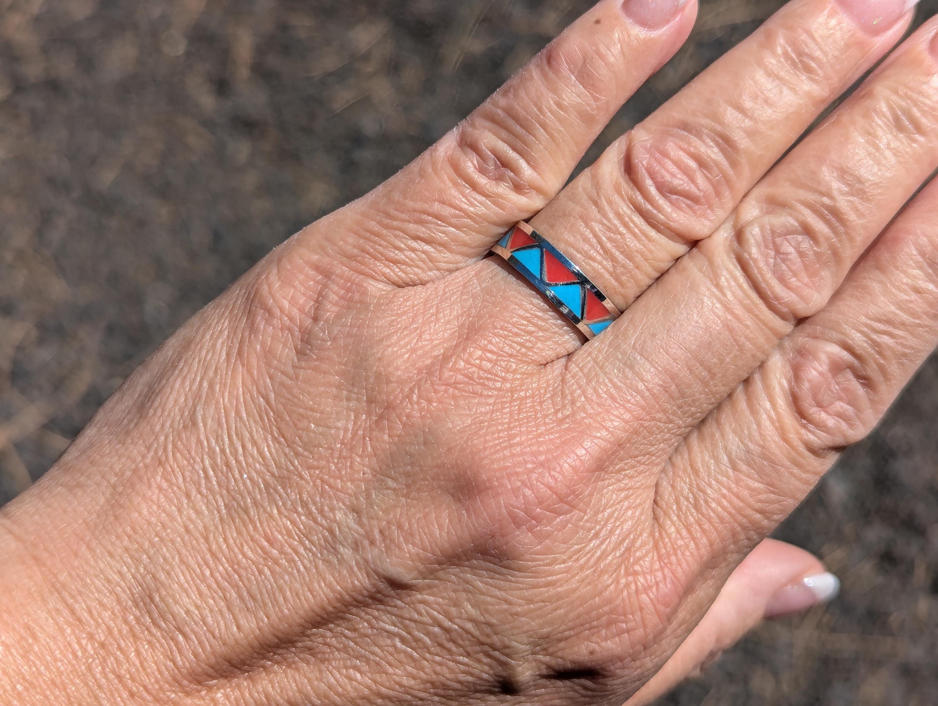 アクセサリー indian jewelry navajo Ring Navajo Ring Sterling Silver All Around Turquoise & Coral Inlay