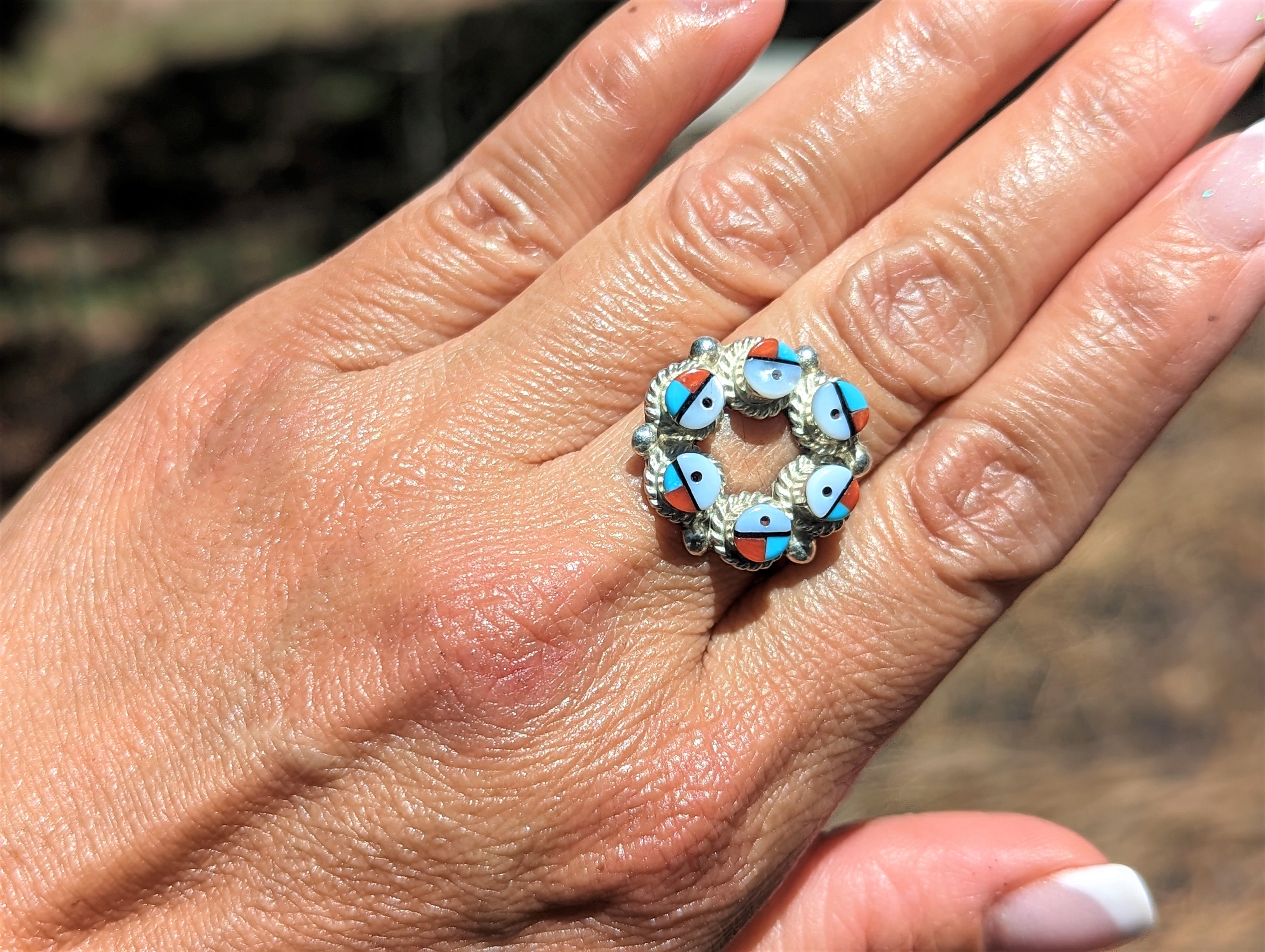 Native American Jewelry Zuni Multi Sun Face Inlay Ring