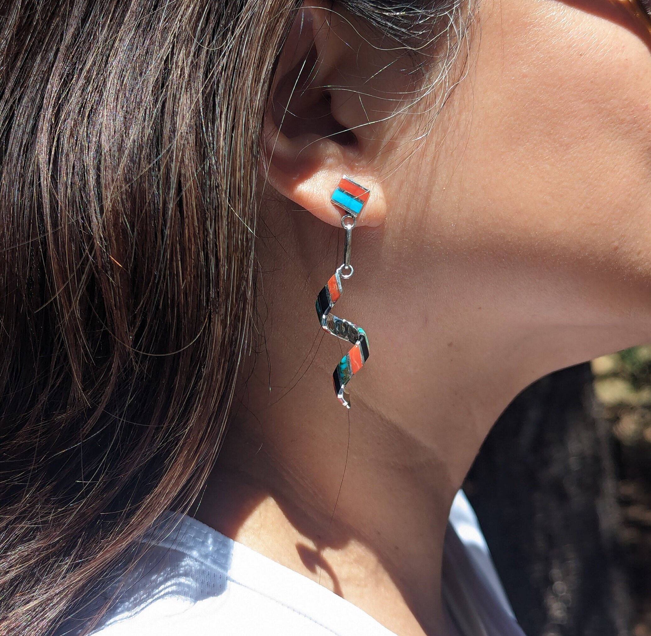 Exquisite Native American Navajo Gaspeite Opal Sterling Silver Large Spiral Earrings Exquisite Native American Navajo Gaspeite Opal Sterling Silver Large Spiral Earrings