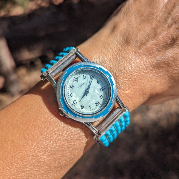 Native American Handmade Flexible Watch Navajo Lapis Lazuli and Turquoise Sterling Silver Jewelry Adjustable Watch