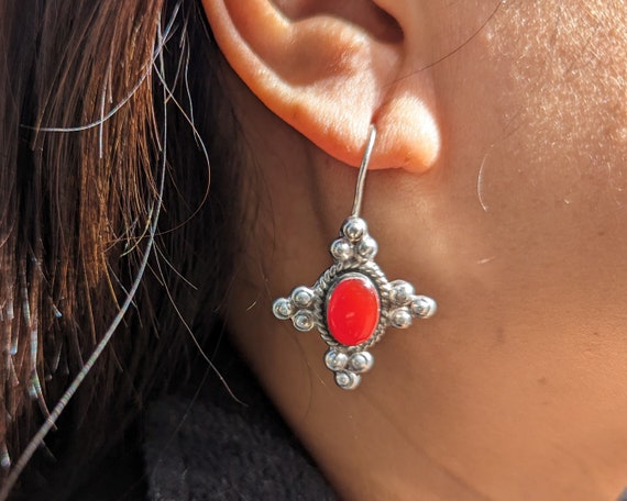 Vintage Sterling Silver Earrings Red Carnelian Si… - image 2