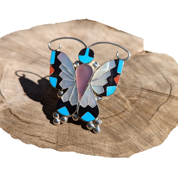 Zuni Ring, Sterling Silver Butterfly Inlay Stones, Signed Jewelry, Southwest Artisans Adjustable sz 10 US