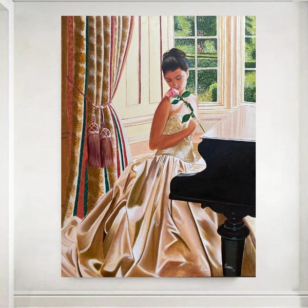 Portrait Woman Playing Piano, Female Pianist Painting, Antique Farmhouse Portrait Art,oil painitng,original oil on canvas