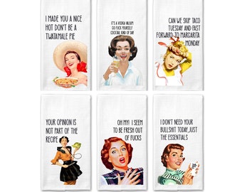 Retro Sassy Dishtowels I|Funny Towel|Adult Humor|Housewarming Gift