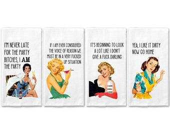 Retro Ladies Drinking Kitchen Towels|Funny Towel|Adult Humor|Housewarming Gift