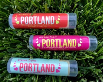 Trio of Kisses From Portland lip balm: Strawberry, Vanilla and Mint