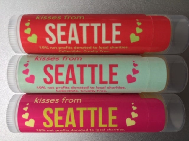 Trio of Kisses From Seattle lip balm, Strawberry, Vanilla and Mint