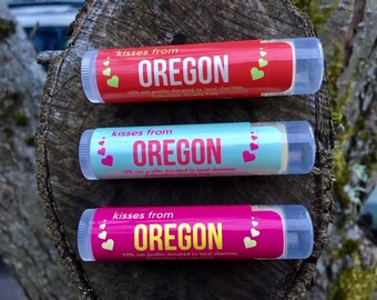 Trio of Kisses From Oregon lip balm: Strawberry, Vanilla and Mint