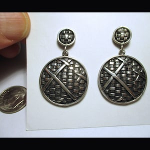 WOVEN PATTERN DANGLE Earrings – Large Sterling Silver Design – Vintage – New Old Stock
