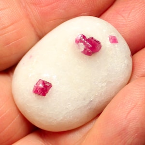 May include: A white oval-shaped stone with three small, red ruby crystals on top.