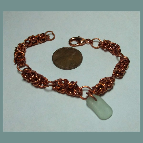 MAINE SEAGLASS LINK Bracelet – Handcrafted Woven Copper – One-of-a-kind – Made in Maine