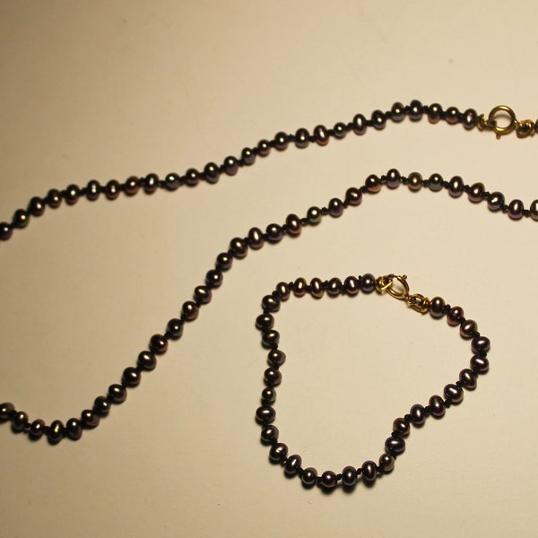 NECKLACE & BRACELET SET – Black Rainbow Freshwater Pearls – 14 karat Gold Findings - Petite Sizes - Made in Maine