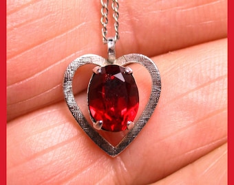 SYNTHETIC RUBY PENDANT – Heart Shaped Pendant - 18 Inch Chain - Sterling Silver - Vintage - New Old Stock