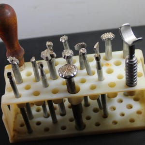 LEATHER WORKING TOOLS – 18 Piece Vintage Set includes a Tool Rack circa 1970 and a Booklet from the early 1960s