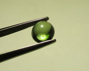 May include: A green gemstone cabochon held in tweezers. The stone is oval shaped and has a smooth, polished surface.